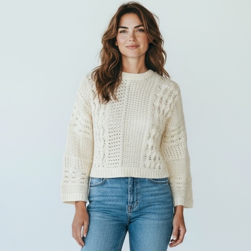 Madewell Women's XS David Long Sleeve Open Stitch Pullover‎ Sweater Cream NWT